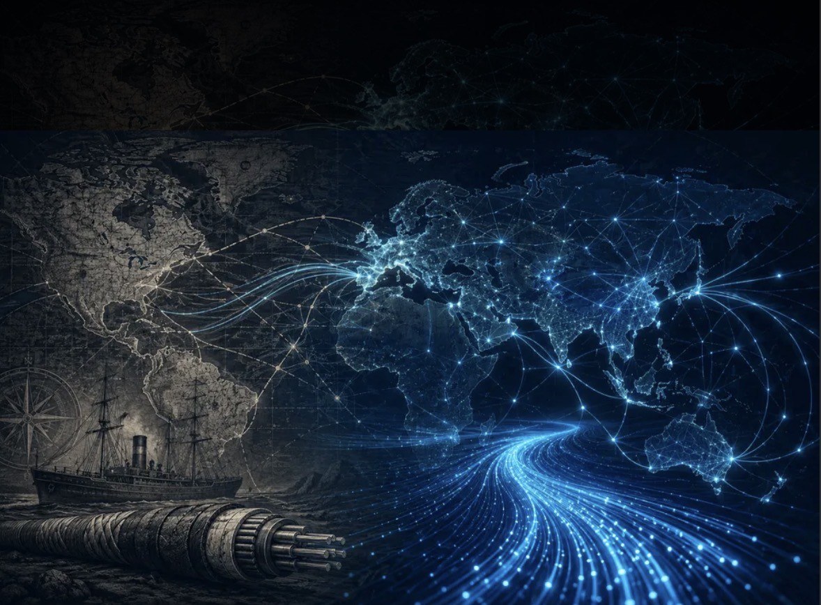 Global submarine cable network illustration with fiber optic strands spanning a world map